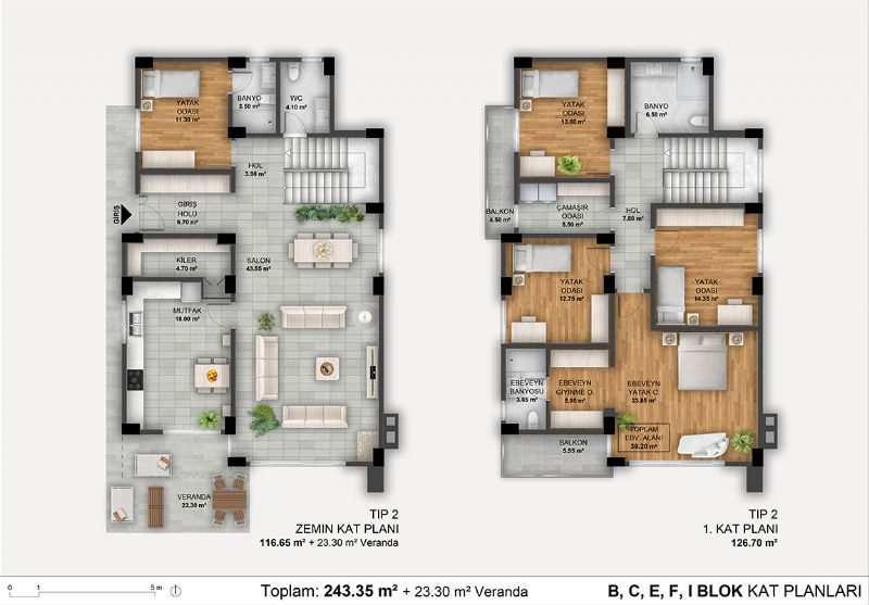 Tip2: B, C, E, F, I Blok Kat Planları