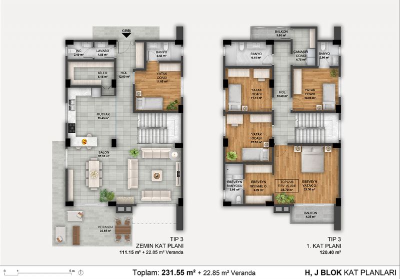Tip3: H, J Blok Kat Planları