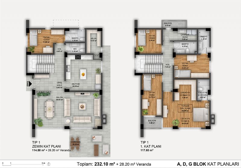 Tip1: A, D, G Blok Kat Planları